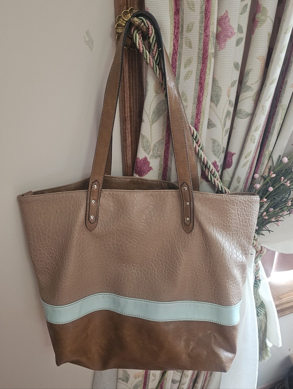 Tan, Brown, and Light Blue Faux-leather Tote Bag
